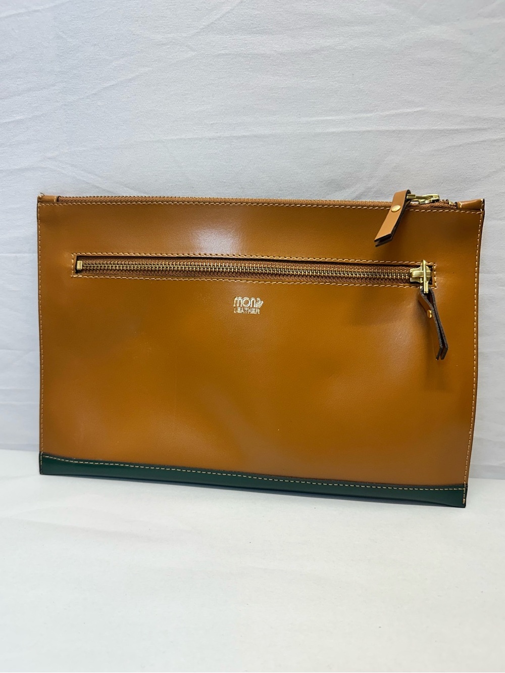 Leather Tan & Dark Green Zip Clutch